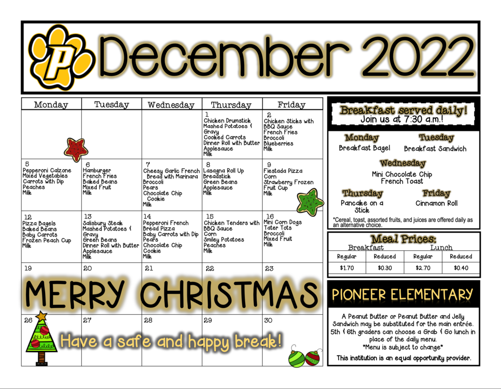 December 2022 PES menu