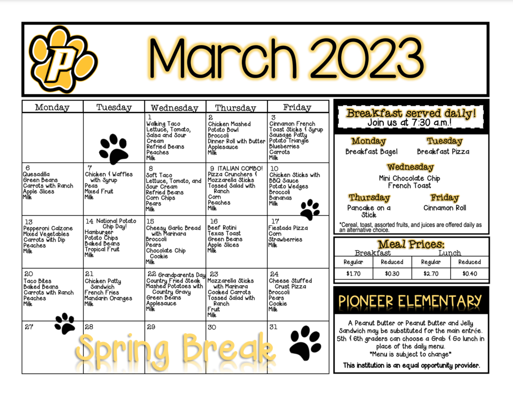 March 2023 PES menu