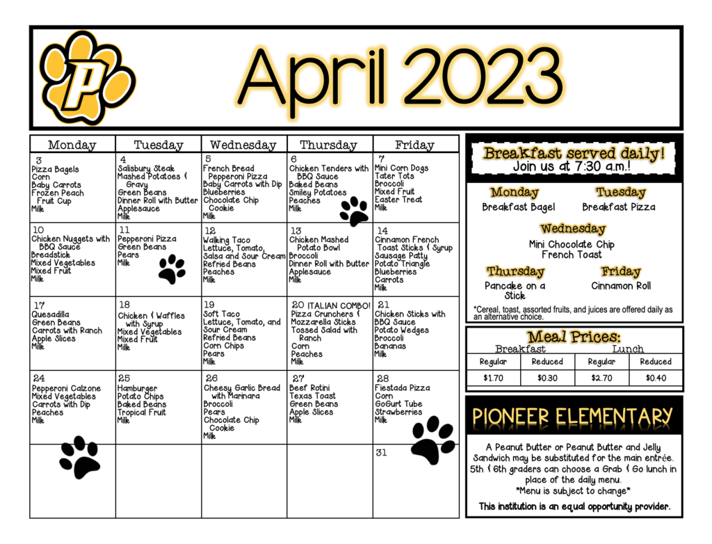 April 2023 PES menu